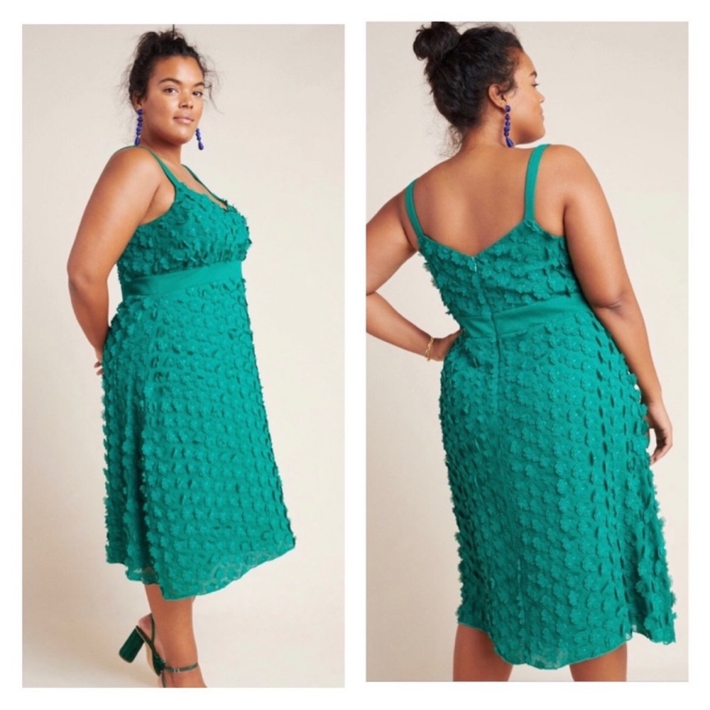Eva Franco Hanya Green Flower Applique Midi dress, size 12